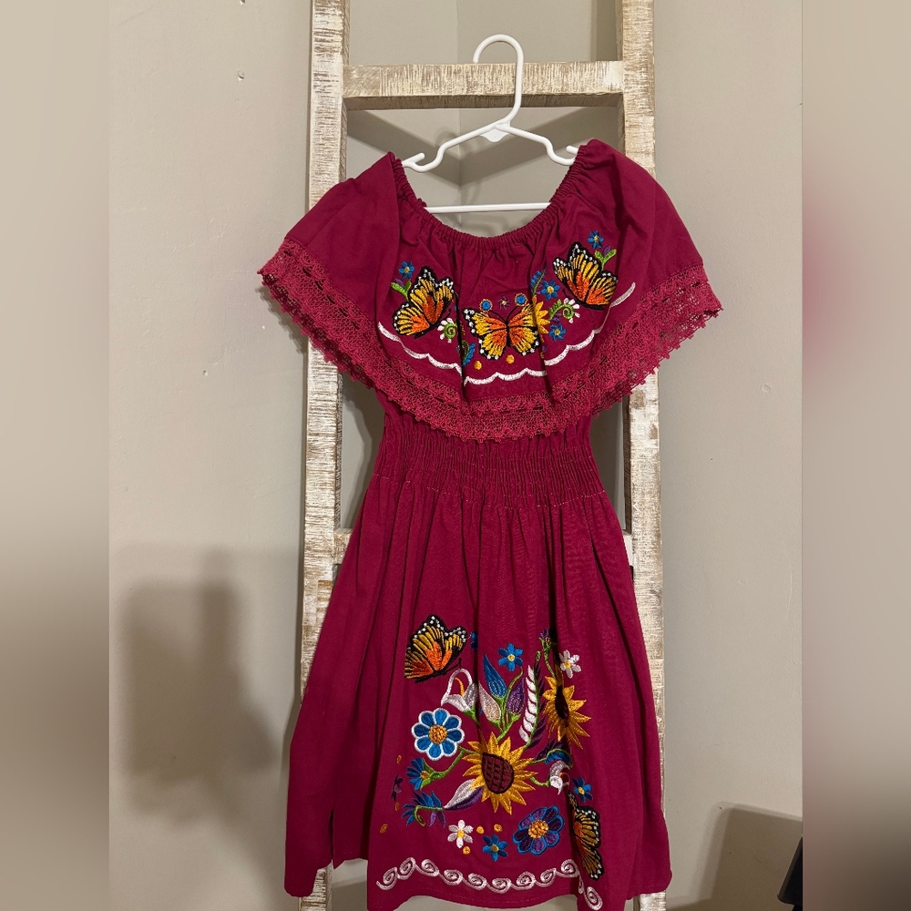 Embroidered Kids Dress - Red